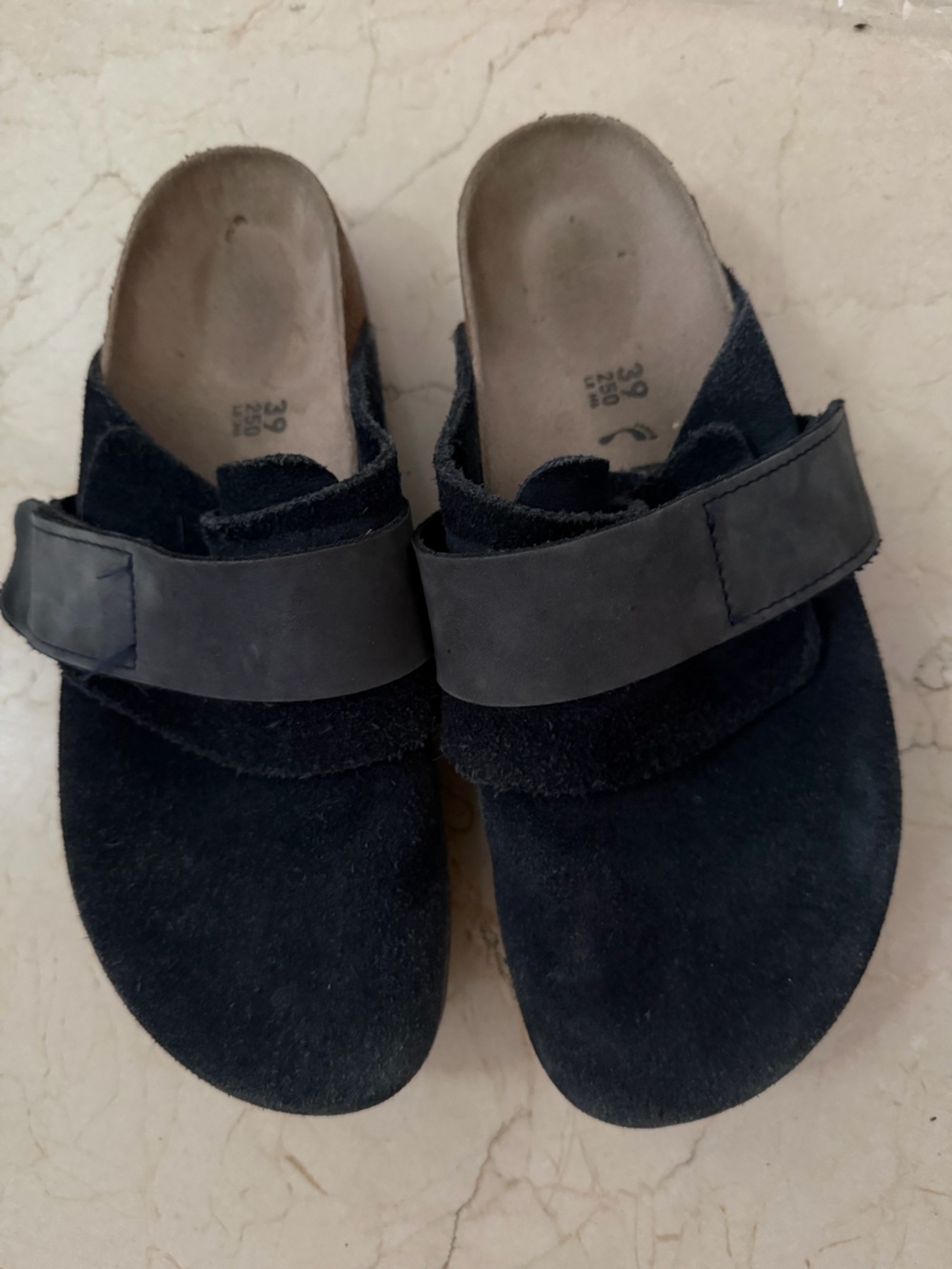 Birkenstock Nagoya clogs in navy suede.